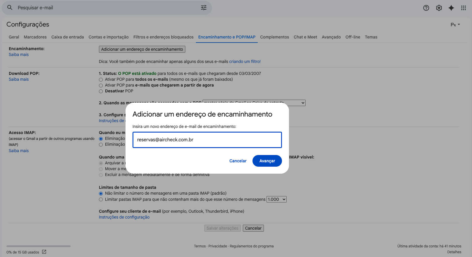 Popup de adicionar endereço de encaminhamento