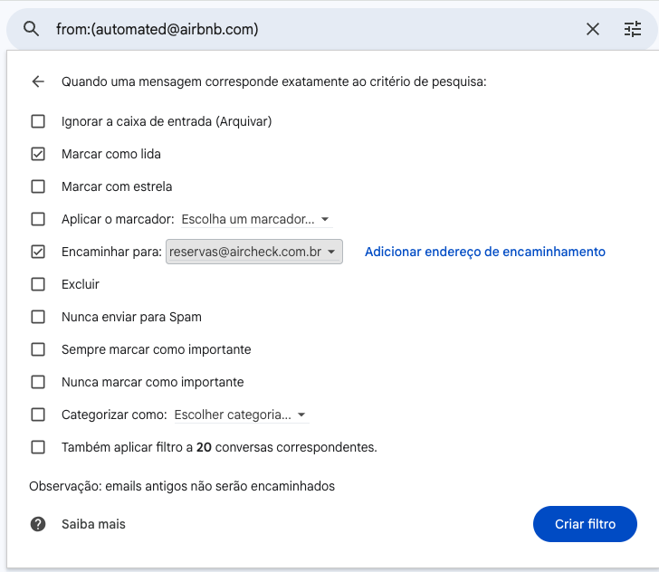 Configuração do filtro com encaminhamento e marcar como lida